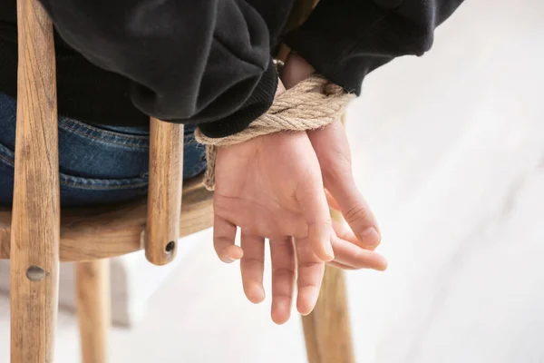 Female Hostage Tied Hands Sitting Chair Room Closeup — Stock Photo, Image