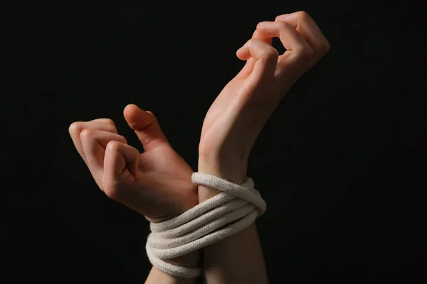 Female Hostage Tied Hands Dark Background Closeup — Stock Photo, Image