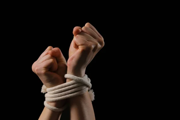 Female Hostage Tied Hands Dark Background Closeup — Stock Photo, Image