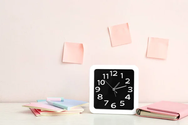 Stylish Clock Notebooks Table Light Wall — Stock Photo, Image