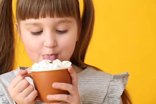 Little Girl Drinking Hot Cocoa Color Background Closeup — Stock Photo, Image
