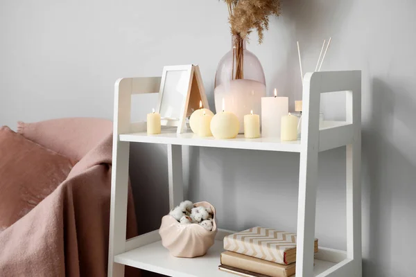 Shelves Burning Candles Decor Light Wall — 스톡 사진