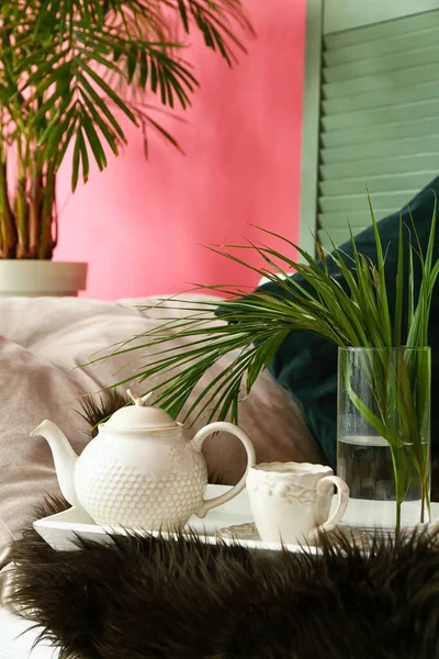 Tray Teapot Cup Sofa Living Room — Stock Photo, Image