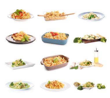 Beyaz arka planda farklı lezzetli makarna