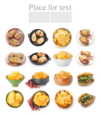 Beyaz arkaplanda farklı patates yemekleri ve metin için yer var.