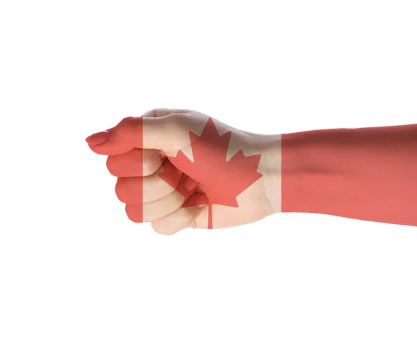 Mão Feminina Nas Cores Bandeira Canadense Fundo Branco — Fotografia de Stock