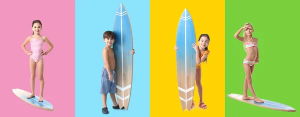 Niedliche Kleine Kinder Mit Surfbrettern Auf Farbigem Hintergrund — Stockfoto