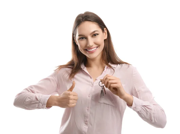 Glückliche Junge Frau Mit Hausschlüssel Zeigt Daumen Nach Oben Auf — Stockfoto