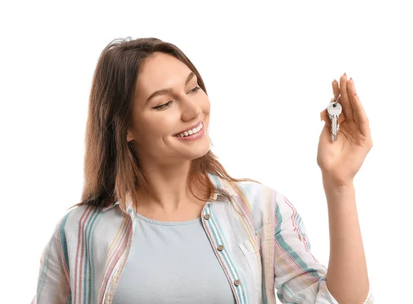 Happy Young Woman Key House White Background — Stock Photo, Image