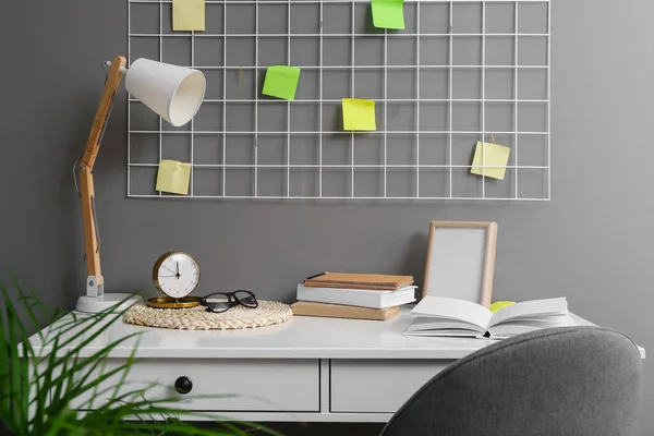 Modern Workplace Alarm Clock Lamp Grey Wall — Stock Photo, Image