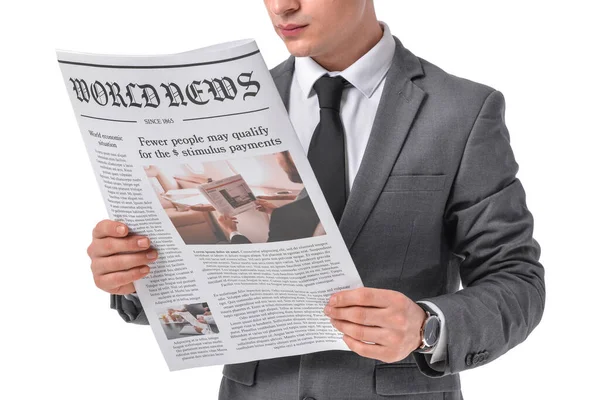 Young Businessman Reading Newspaper White Background — Stock Photo, Image