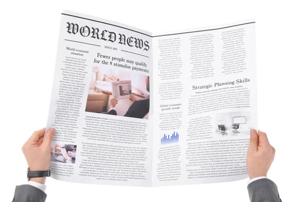 Νεαρός Επιχειρηματίας Διαβάζει Εφημερίδα Λευκό Φόντο — Φωτογραφία Αρχείου