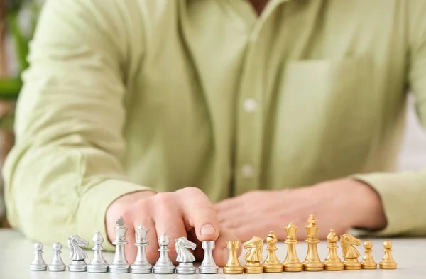 Man Playing Chess Wooden Table Closeup — Stock Photo, Image