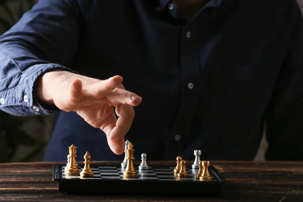 Man Playing Chess Dark Background Closeup — Stock Photo, Image
