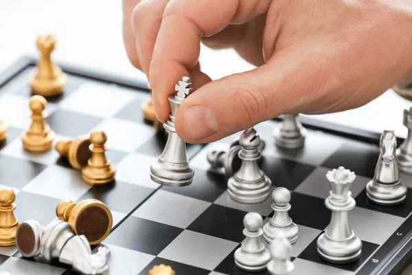 Man Playing Chess Wooden Table Closeup — Stock Photo, Image
