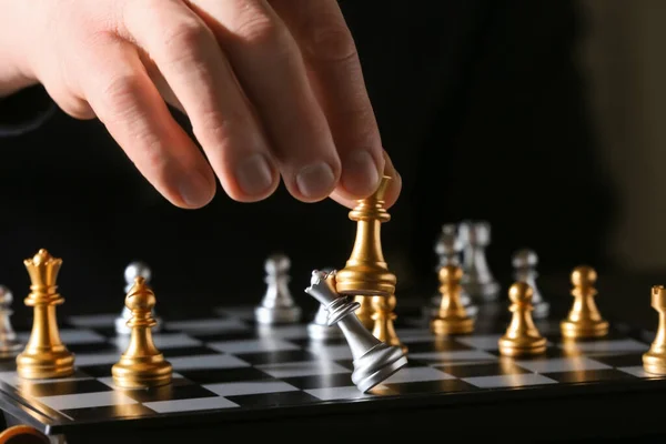 Man Playing Chess Dark Background Closeup — Stock Photo, Image