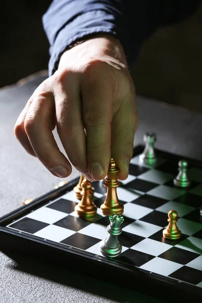 Man Playing Chess Dark Background Closeup — Stock Photo, Image