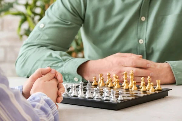 People Playing Chess Wooden Table Closeup — Stock Photo, Image