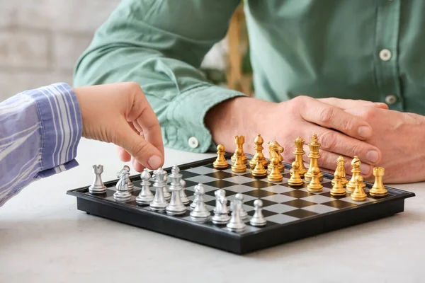 People Playing Chess Wooden Table Closeup — Stock Photo, Image