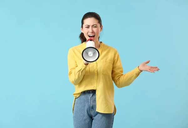 Angry Young Woman Megaphone Color Background — Stock Photo, Image