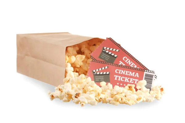 Paper Bag Tasty Popcorn Cinema Tickets White Background — Stock Photo, Image