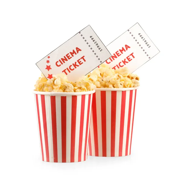 Buckets Tasty Popcorn Cinema Tickets White Background — Stock Photo, Image
