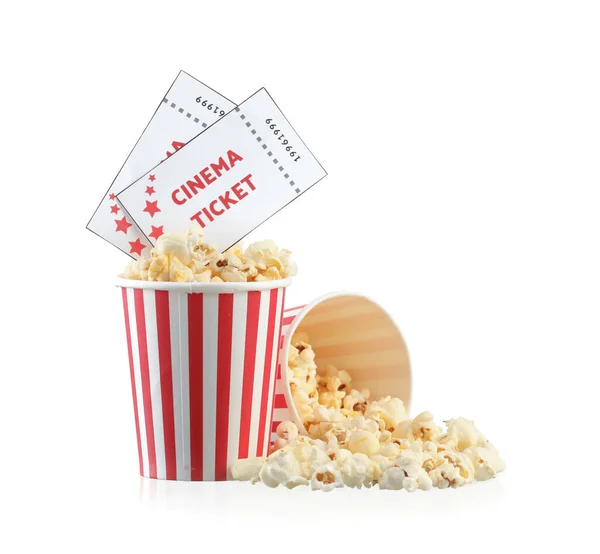 Buckets Tasty Popcorn Cinema Tickets White Background — Stock Photo, Image