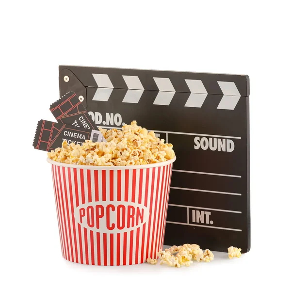 Tasty Popcorn Cinema Tickets Clapperboard White Background — Stock Photo, Image
