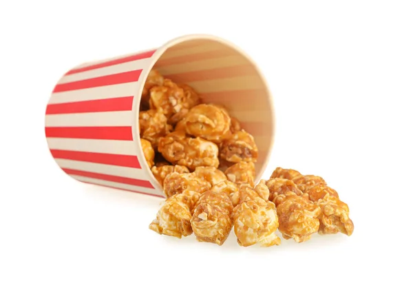 Bucket Tasty Caramel Popcorn White Background — Stock Photo, Image