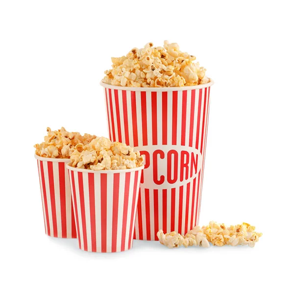 Buckets Tasty Popcorn White Background — Stock Photo, Image