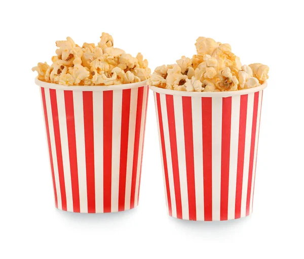 Emmers Met Lekkere Popcorn Witte Achtergrond — Stockfoto