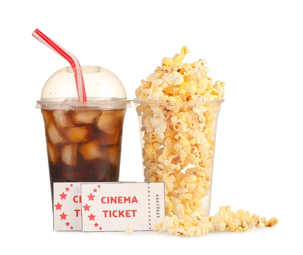 Tasty Popcorn Cola Cinema Tickets White Background — Stock Photo, Image