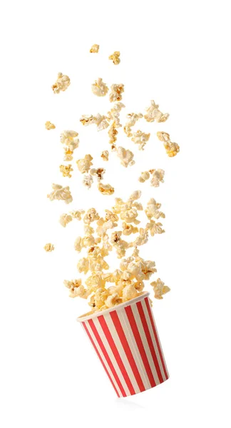 Bucket Tasty Popcorn White Background — Stock Photo, Image