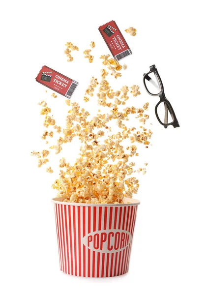 Bucket Popcorn Cinema Tickets Glasses White Background — Stock Photo, Image