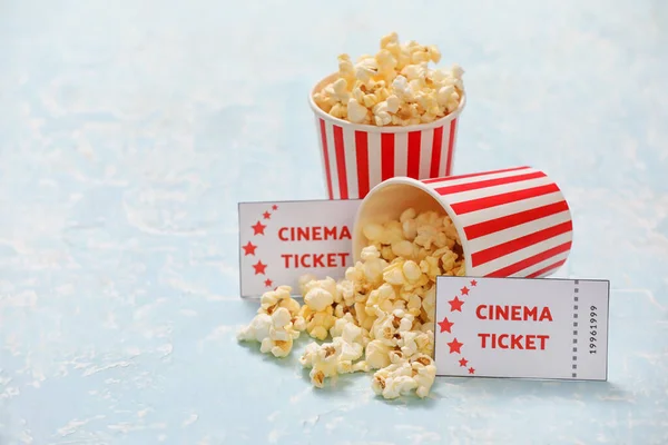 Buckets Tasty Popcorn Cinema Tickets Color Background — Stock Photo, Image