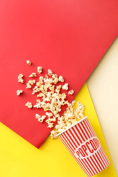 Bucket Tasty Popcorn Color Background — Stock Photo, Image