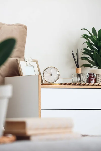 Alarm Clock Reed Diffuser Table Bedroom — Stock Photo, Image