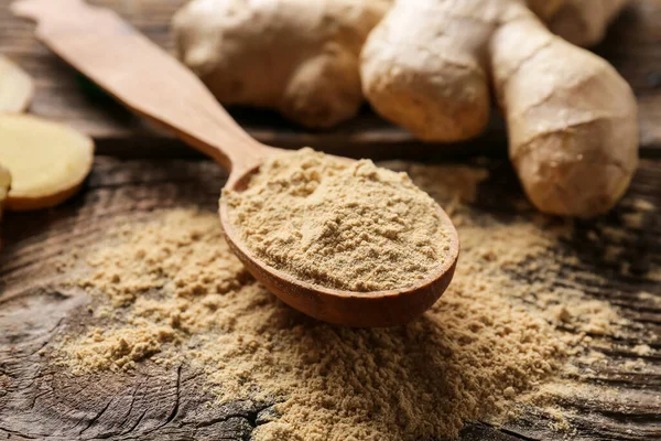 Spoon Ginger Powder Wooden Table Closeup — Stock Photo, Image