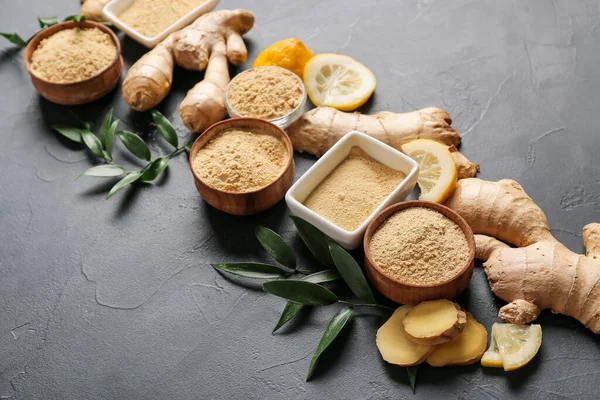 Bowls Ginger Powder Dark Background — Stock Photo, Image