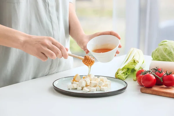 Woman Pouring Honey Feta Cheese Plate Closeup — Stock Photo, Image