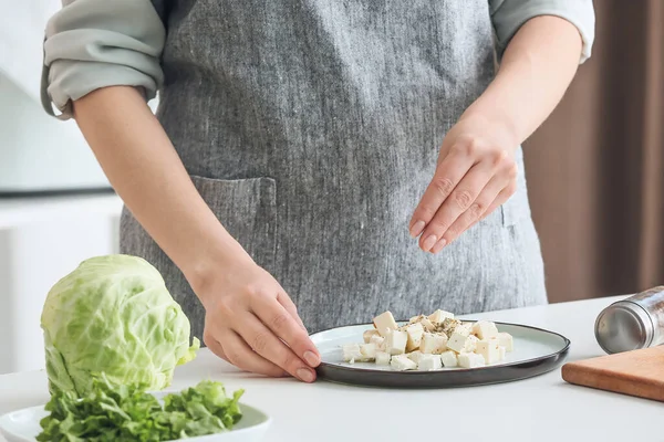 Woman Adding Spices Feta Cheese Plate Closeup — Stock Photo, Image