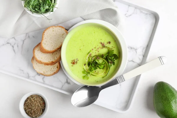 Tray Green Gazpacho Ingredients Light Background — Stock Photo, Image