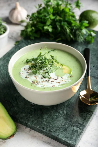 Bowl Green Gazpacho Ingredients Grunge Background — Stock Photo, Image