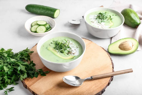 Bowls Green Gazpacho Ingredients Light Background — Stock Photo, Image