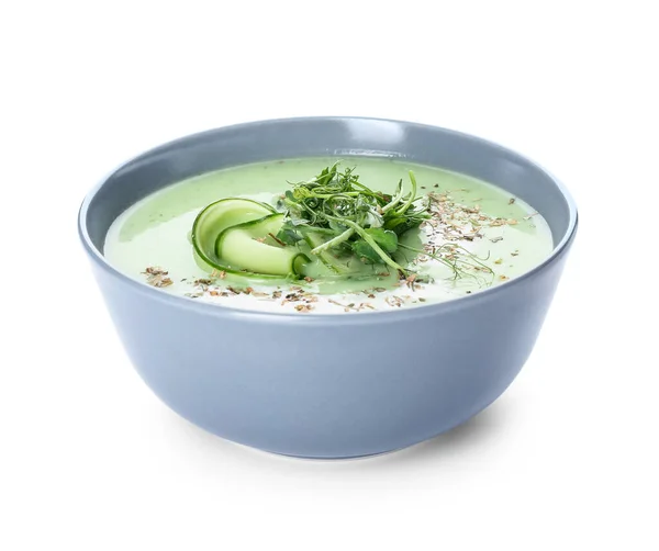 Schaal Met Groene Gazpacho Witte Achtergrond — Stockfoto