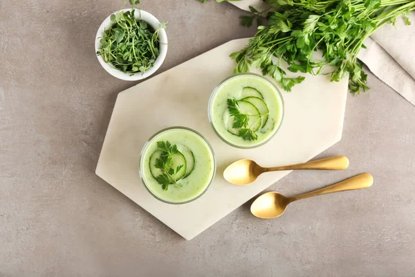 Glasses Green Gazpacho Fresh Sprouts Parsley Grey Background — Stock Photo, Image