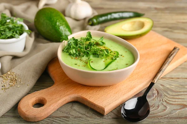 Bowl Green Gazpacho Ingredients Wooden Background — Stock Photo, Image