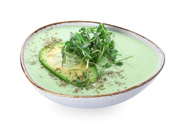 Schaal Met Groene Gazpacho Witte Achtergrond — Stockfoto