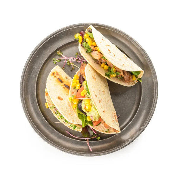 Plate Tacos Tasty Guacamole White Background — Stock Photo, Image