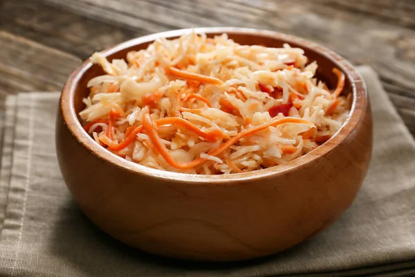 Bowl Tasty Sauerkraut Wooden Background — Stock Photo, Image